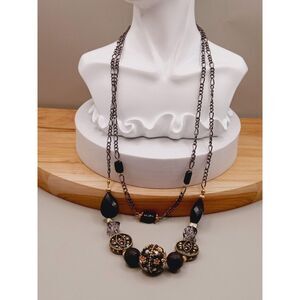 Vintage Unique Fancy Jet Black Beaded Double Strand Statement Necklace